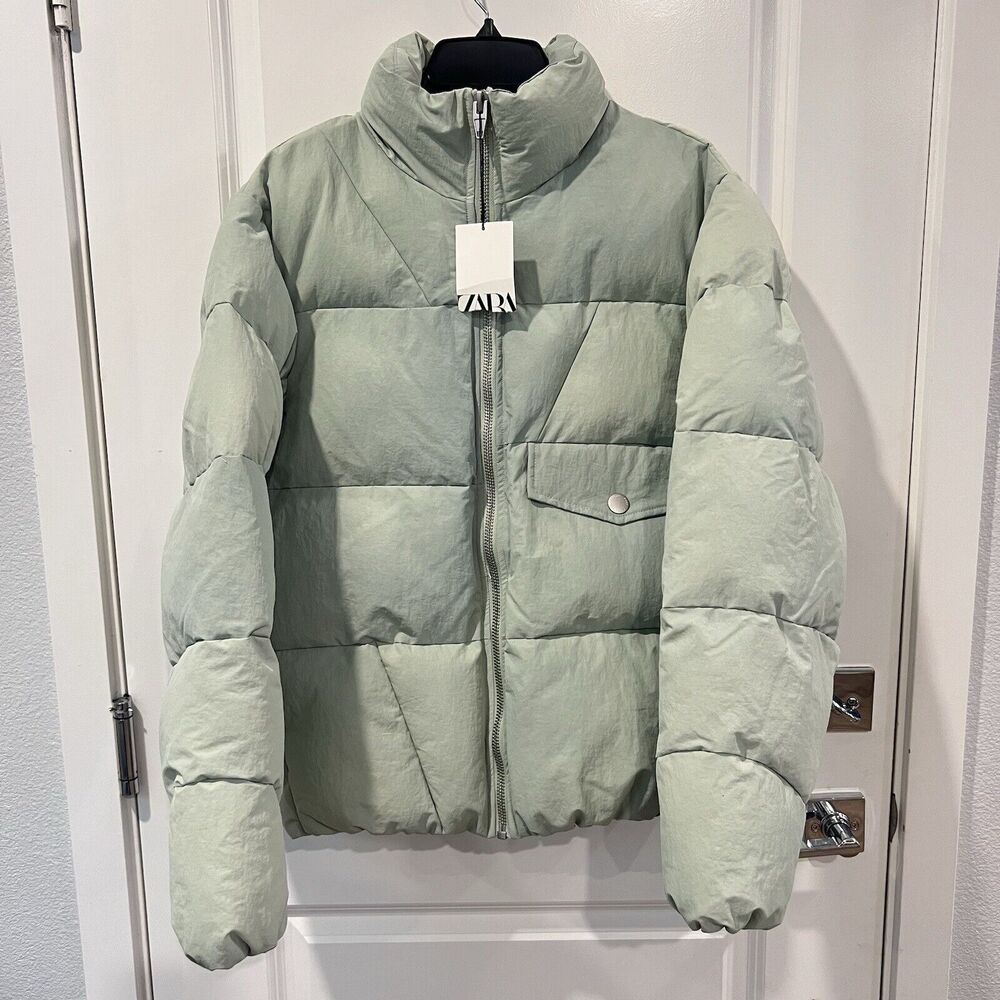 Zara Puffer Jacket Men's Green Mock Neck Long Sleeve Pocket Detail Zip-Up Small - Picture 16 of 17